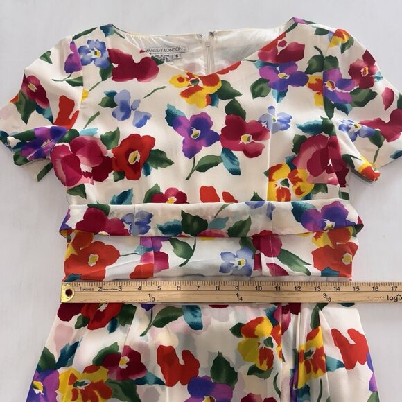 Vintage MAGGY LONDON Dress Size 6 100% Silk White Floral Sheath Colorful 50s - Picture 8 of 10